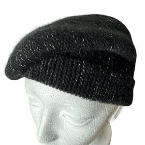 Black Metallic Thread Knit Toque Beret Hat Floppy
